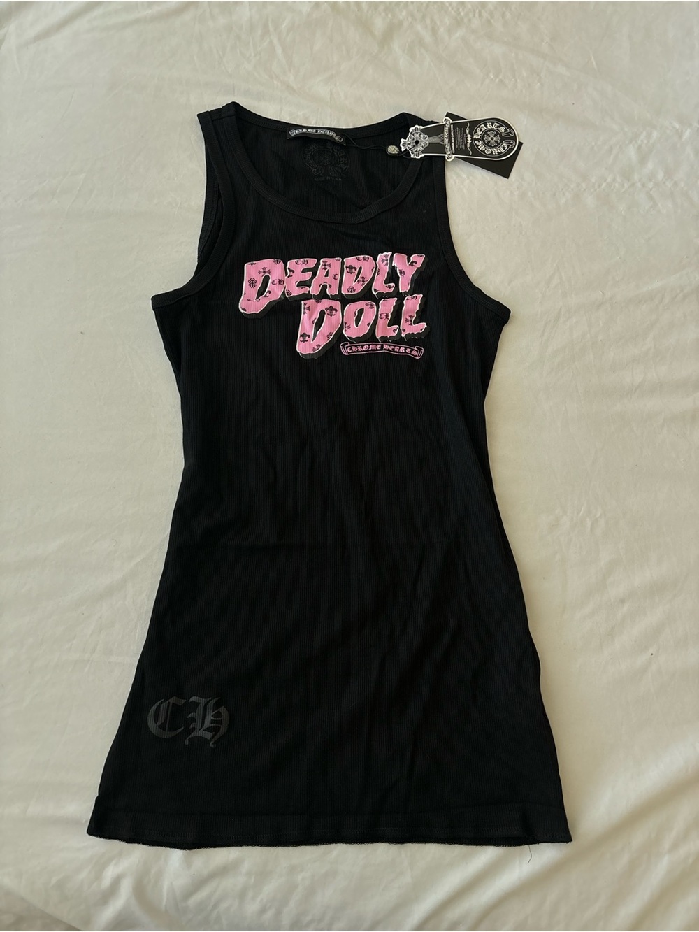 Chrome Hearts Black Tank Dress with Pink "Deadly Doll" Graphic Size Small